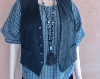 VTG 40's - Black wool men's waist coat / French Bistro waiter's vest, inside striped lining,   4 front pockets ,  5 buttons