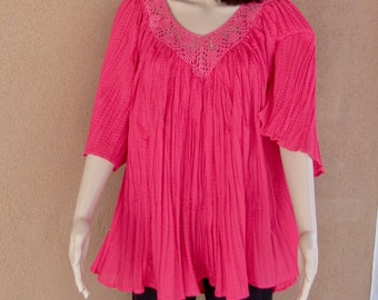 Hot pink, cotton angel sleeves blouse, pleated, Kaftan style, V neck, size XL