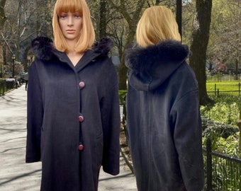 FORECASTER of Boston- Black  100% wool coat with fur trimmed hood. Size 11-12