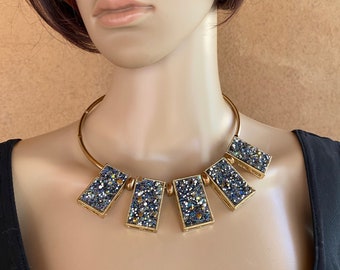 Vintage 80's - Unusual funky choker, gold and navy blue, copper and crystal beads in 5 rectangles...