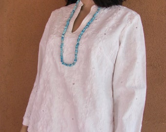 Heavy duty white linen and rayon top/blouse - Embroidered white on white - Silver sequined al through. S/M