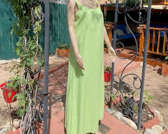 Vintage 70s - Maxi dress - Hand Made, Lime Green with  White Polk Dots. Size LG.