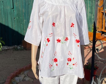 Vintage 60's - Baby Doll style poly/cotton light summer blouse, embroidered with red flowers. M/LG