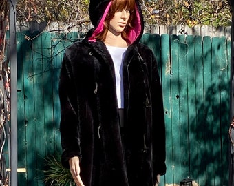 Vintage Y2K Black Faux Fur Coat – Pink Lined Hoodie, Toggles - Etsy