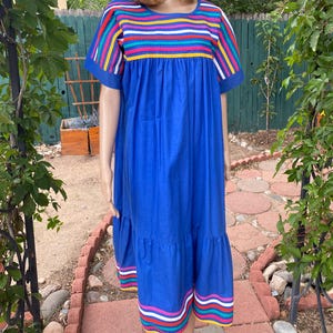 Vintage 80&#39;s - Royal blue cotton flowing dress, rainbow stitching. APPEL, made in USA