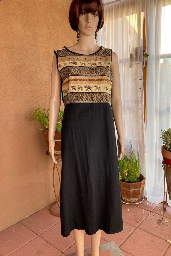 Dress/Tunic/Kurta - Black linen, sleeveless with A
