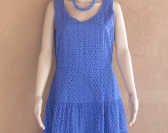 Royal blue summer dress, sleeveless, zipper in back, cotton with eyelets all over, and petticoat