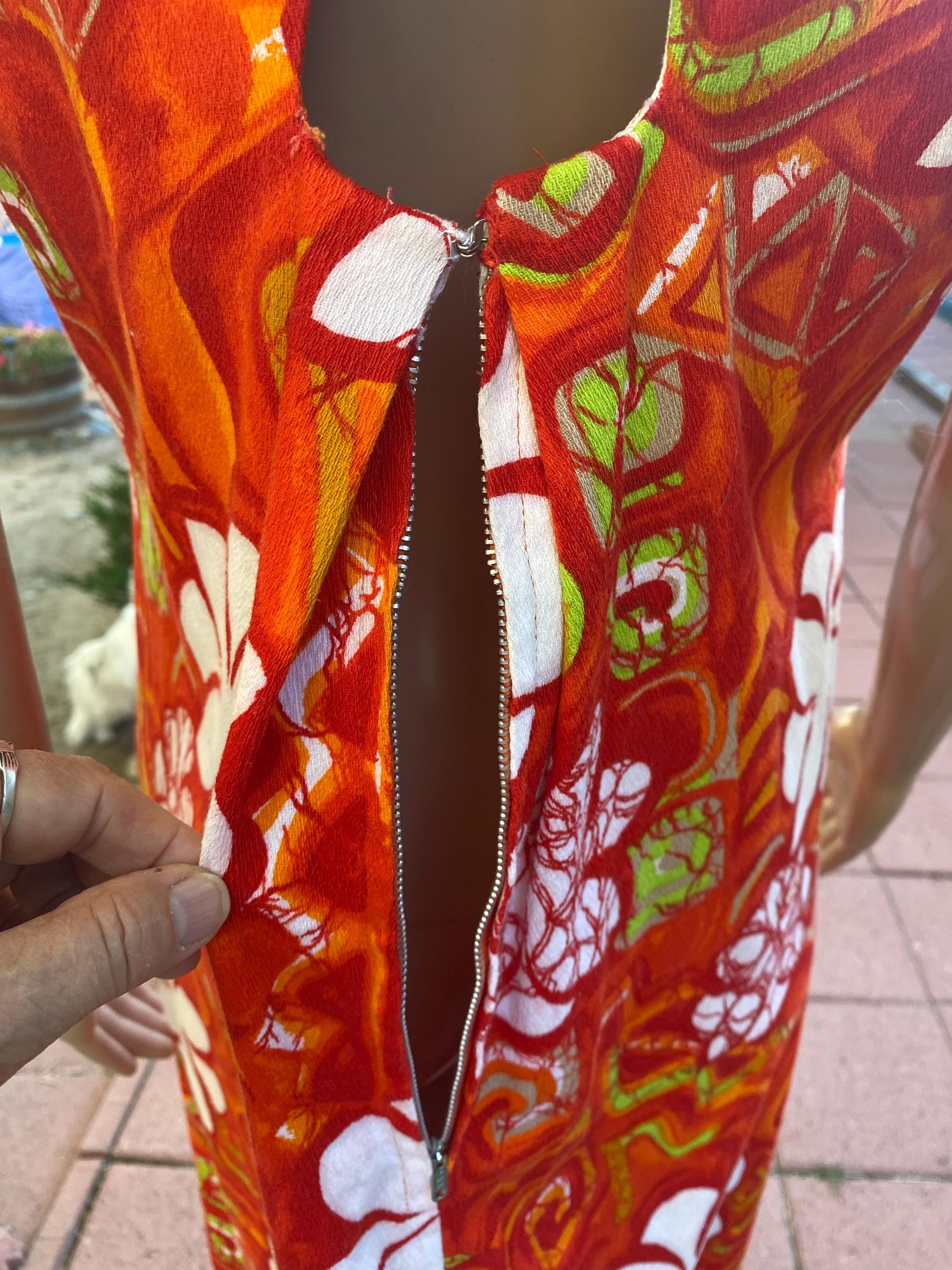 VINTAGE 60'S - HAWAIIAN Mumu Style Maxi Dress, Bright Orange With