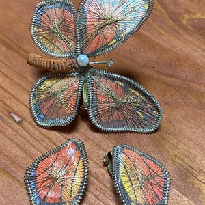Vintage 70's Macrame Orange butterfly pin and clip earrings image 3