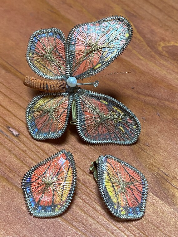 Vintage 70's - Macrame Orange butterfly pin and c… - image 3
