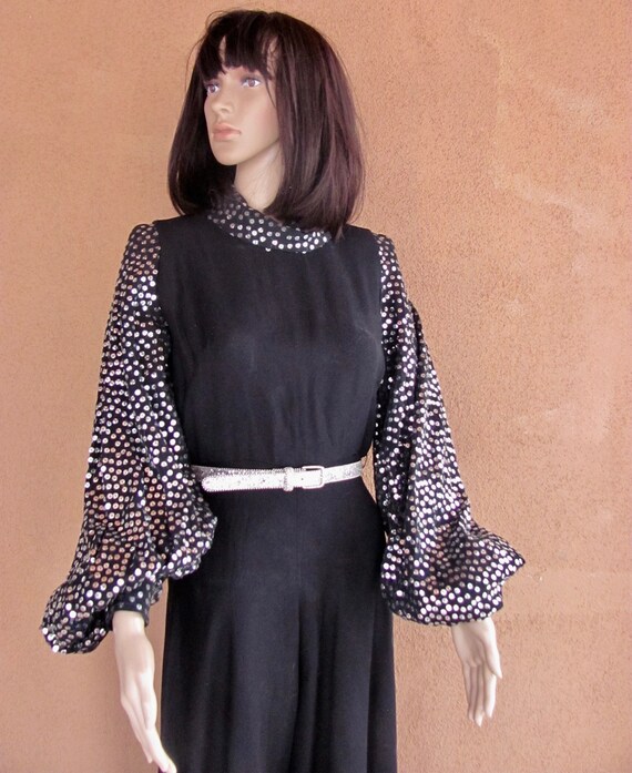 Vintage 70s - Gorgeous Black Crepe and Silver Seq… - image 5