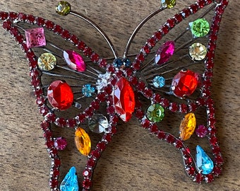 Vintage 80er Jahre - Große multicolor Kristall/Strasssteine Schmetterling Anstecknadel/Brosche