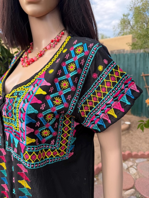 Vintage Amit Collection Embroidered Black Viscose Midi Dress Mexican Style Boho India Peasant View 5
