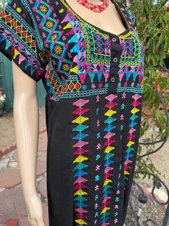 Vintage Amit Collection Embroidered Black Viscose Midi Dress Mexican Style Boho India Peasant View 6