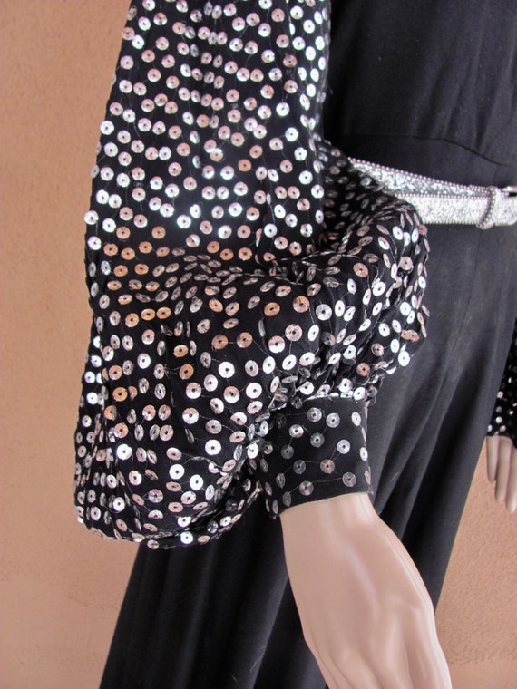 Vintage 70s - Gorgeous Black Crepe and Silver Seq… - image 3