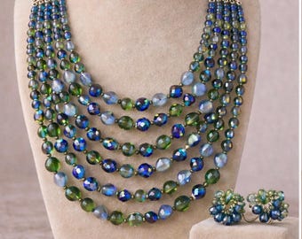 Vintage 1960s -   Five Strands  Blue/Green Austrian Crystals Degraded Necklace  and clip Earrings Set