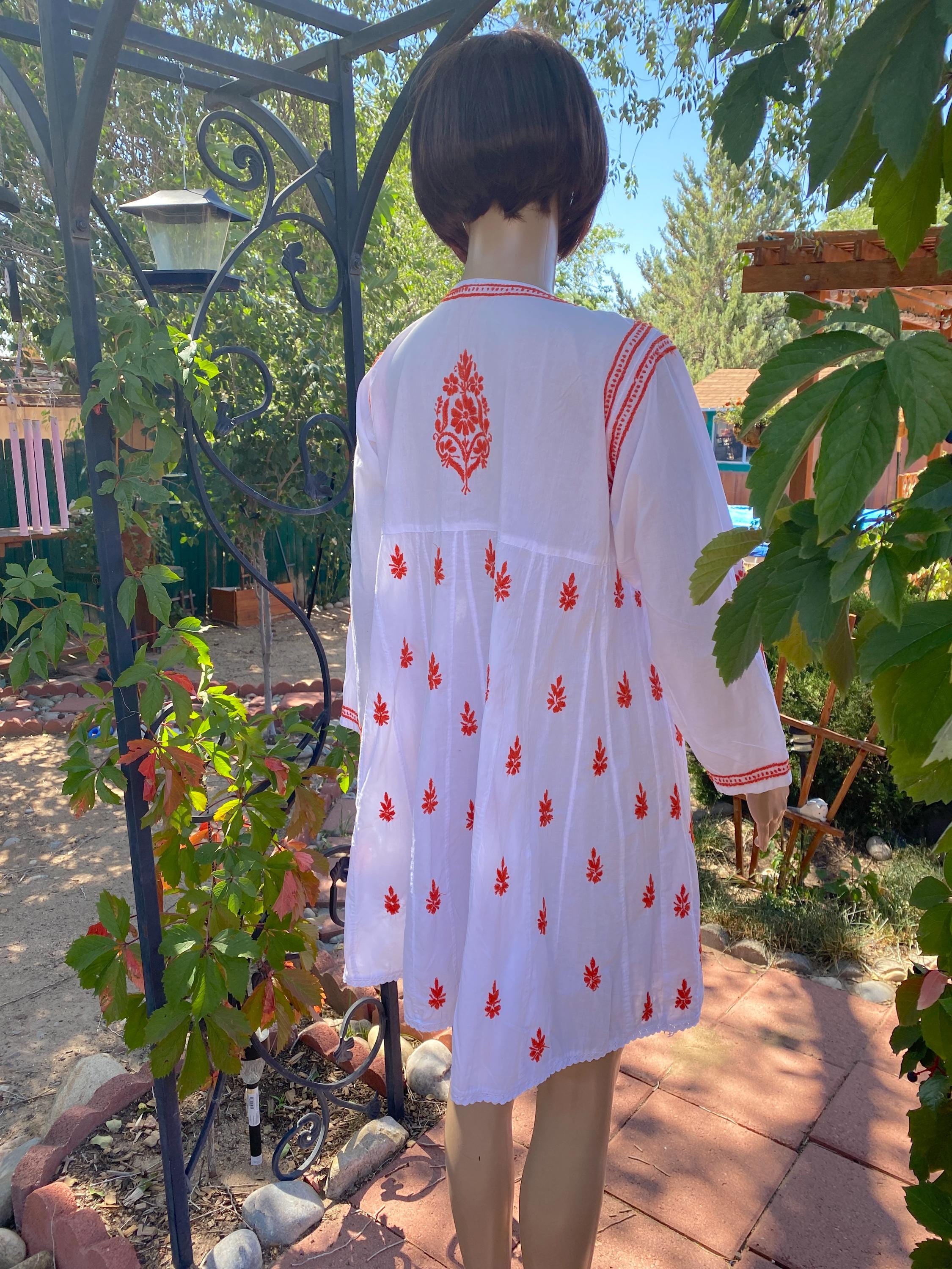 Hand Embroidered White Cotton Dress, With Orange Yarn Embroidery. Long  Sleeves, Knee Length. - Etsy