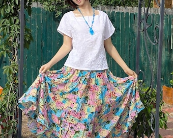 RAAGA - Falda estilo años 80 con varias capas, de algodón, con estampado floral turquesa y rosa. Cintura ajustable.