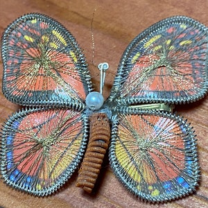 Vintage 70's Macrame Orange butterfly pin and clip earrings image 1