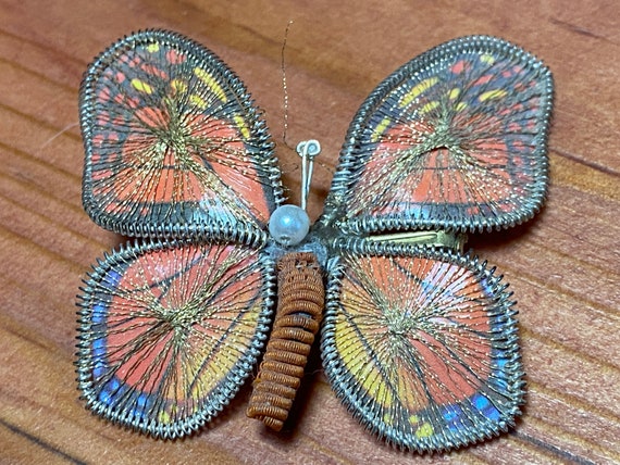 Vintage 70's - Macrame Orange butterfly pin and c… - image 1