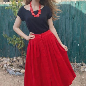Vintage 80s Fire Engine Red Corduroy Skirt: Pleated Button Front, Size 10