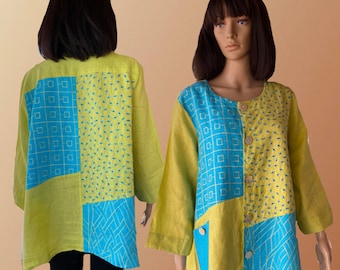 Vintage 90's - Ali Miles - Oversized linen jacket OR blouse. Turquoise and bright yellow - Embroidered - SZ LG