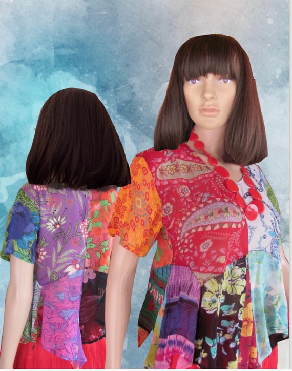 Patchwork Blouse: Multicolor Asymmetrical Hem, Si… - image 2