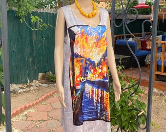 Very light summer dress, sleeveless, grey background, colorful painting front and back. LG