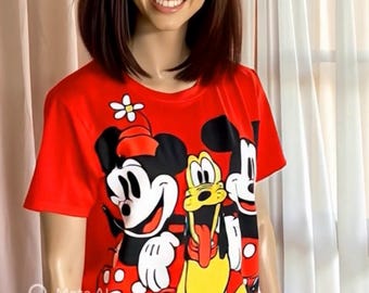 Vintage Disney - Red, short sleeves UNISEX T-shirt - Mickey, Minnie & Pluto. L/XL