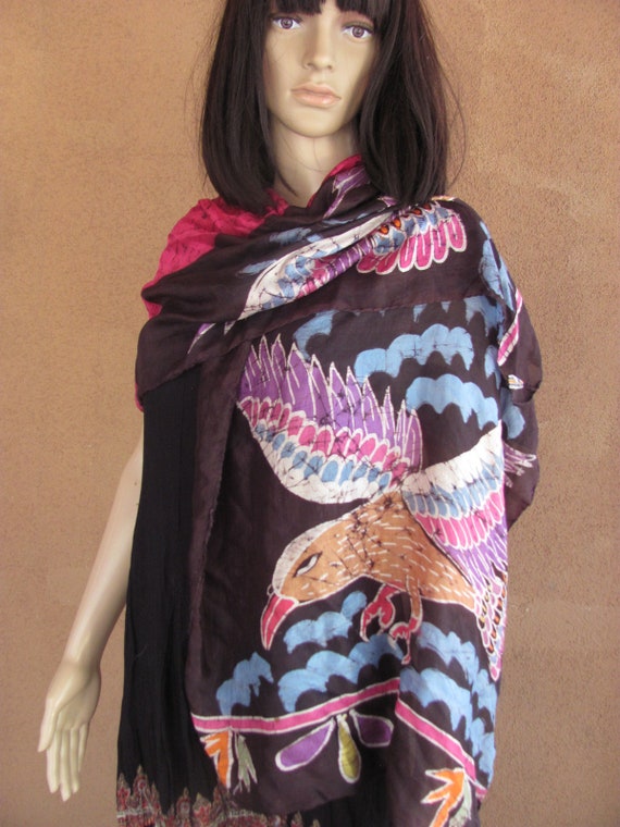 Long silk scarf, purple and black, with eagles a … - image 1
