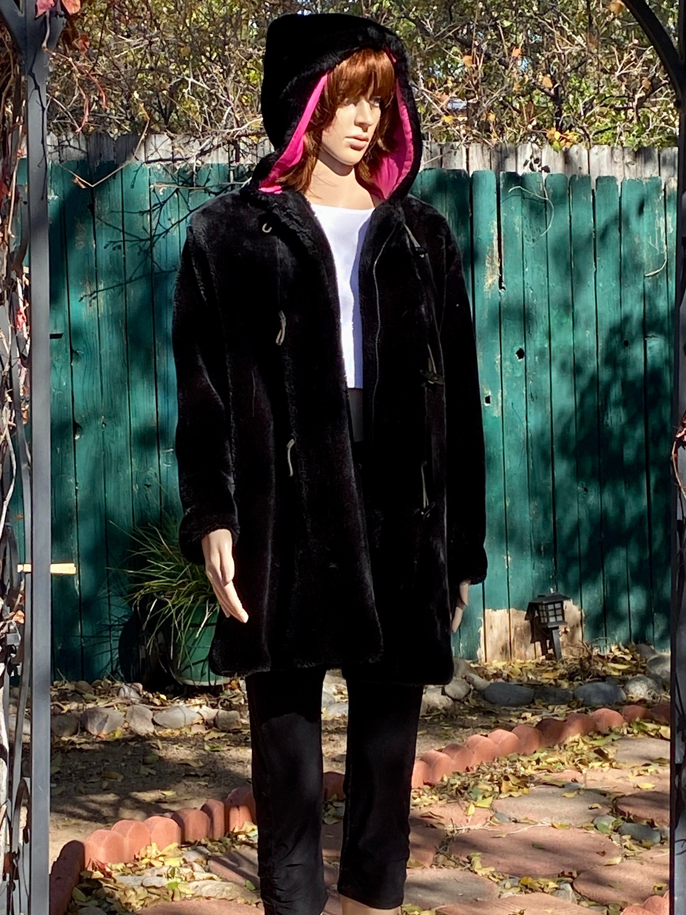 Vintage 2000's. Black Faux Fur Winter Coat, Hot Pink Lining Vintage 2000's. Black Faux Fur Winter Coat, Hot Pink Lining