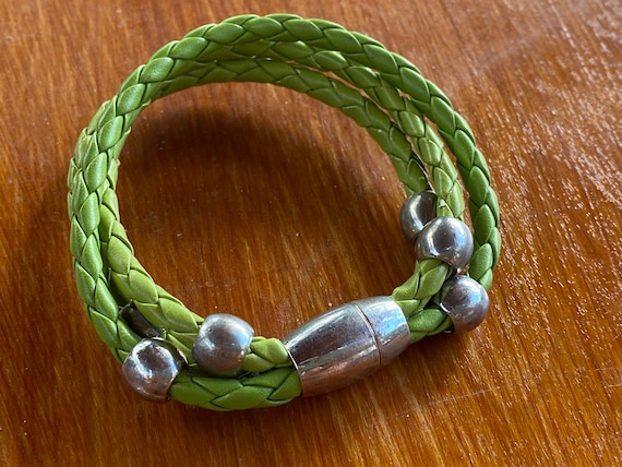 Vintage 80's - Triple bands braided lime green le… - image 1