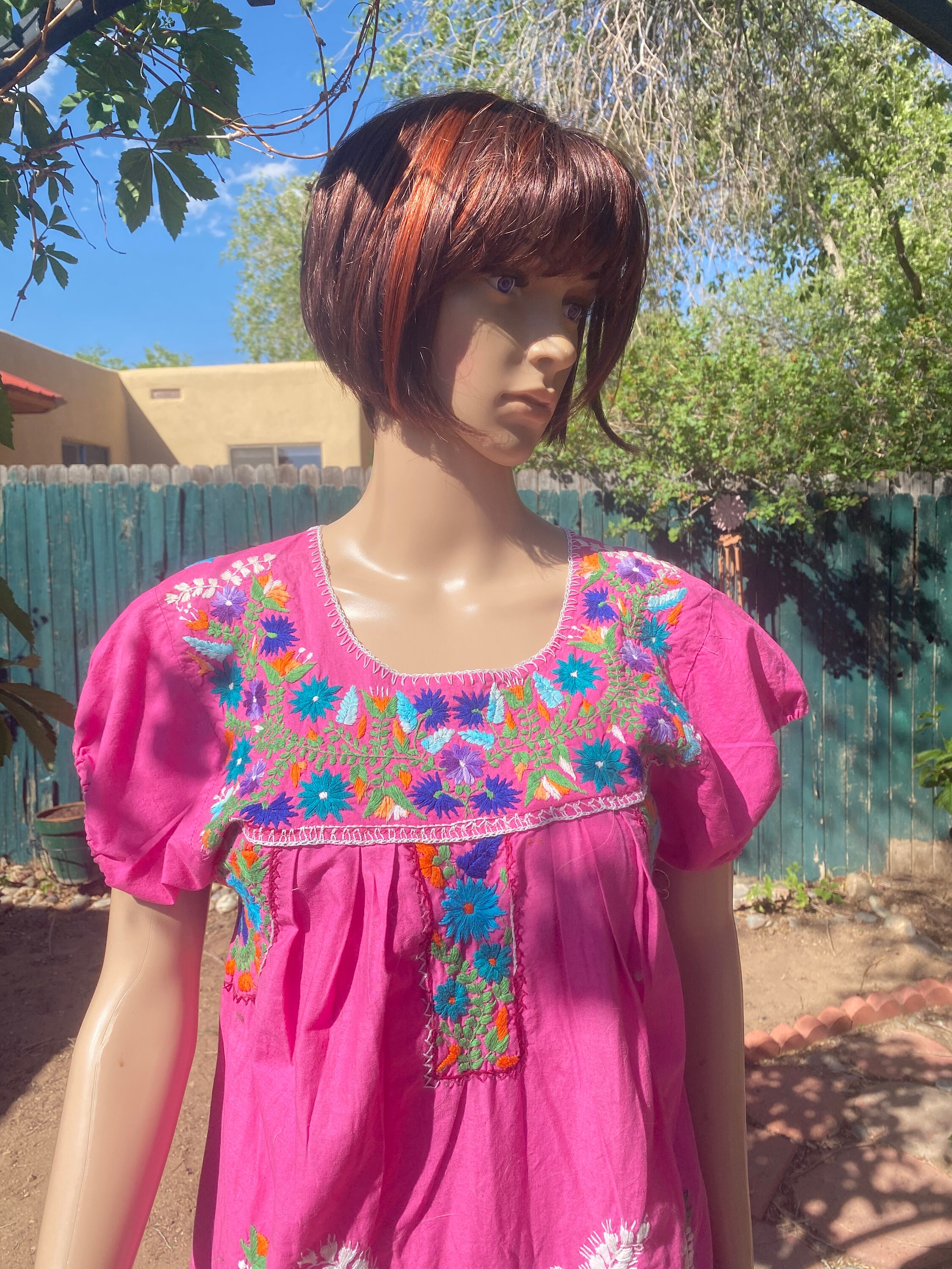 Vintage 70's Mexican Dress - Hand Embroidered - Hot Pink