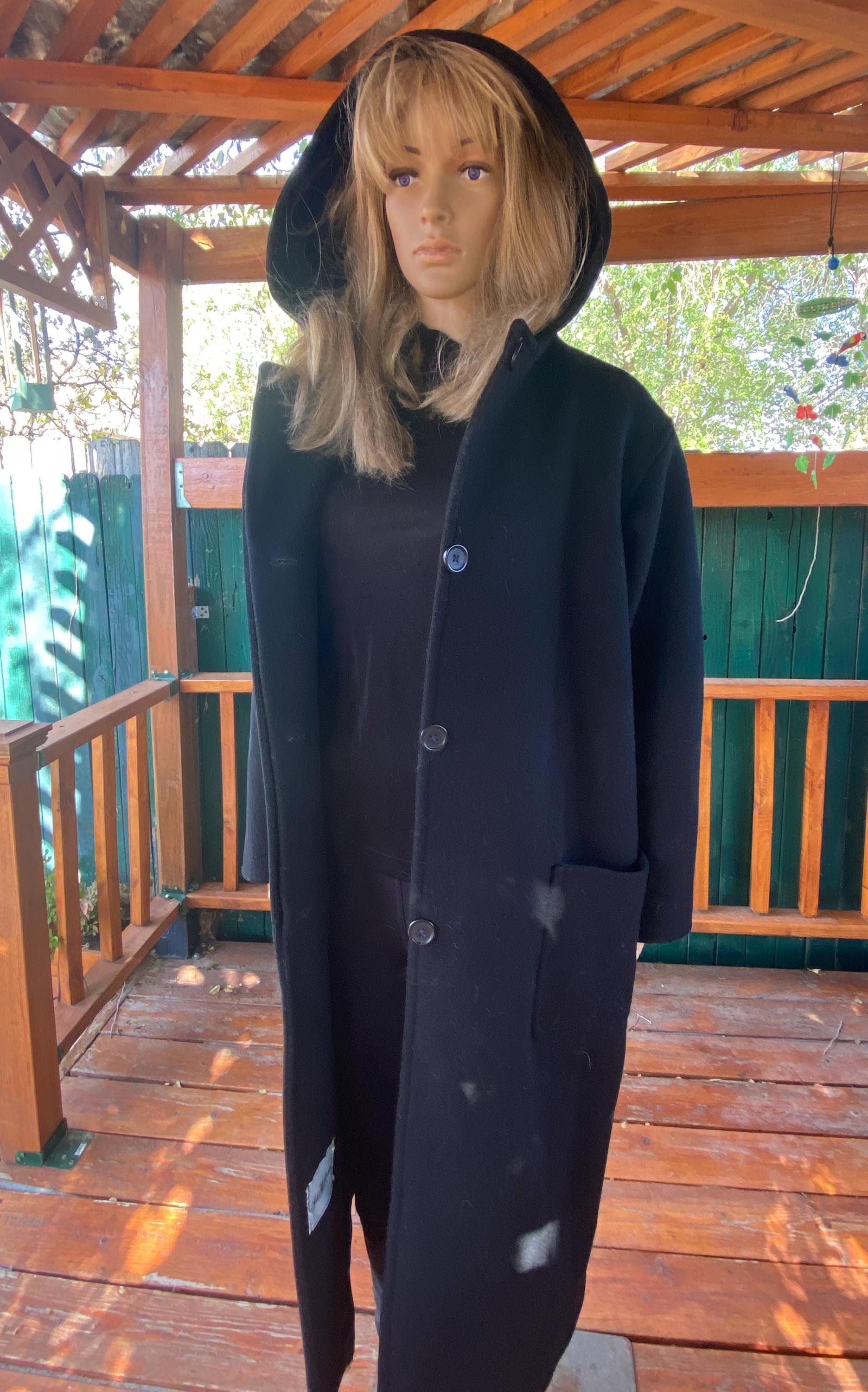Black Wool Maxi Coat, Hoodie. Saks 5th Ave. Vintage 80's Black Wool Maxi Coat, Hoodie. Saks 5th Ave. Vintage 80's