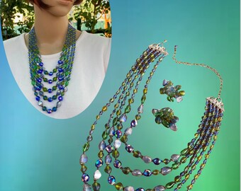 Vintage 1960s -   Five Strands  Blue/Green Austrian Crystals Degraded Necklace  and clip Earrings Set