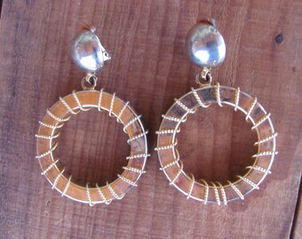 Vintage 80's - Clip golden hoops, three dimensional,  wrapped in gold filigree