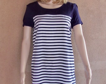 DNYKc mini dress, short sleeves, dark blue and white, horizontal stripes, small size