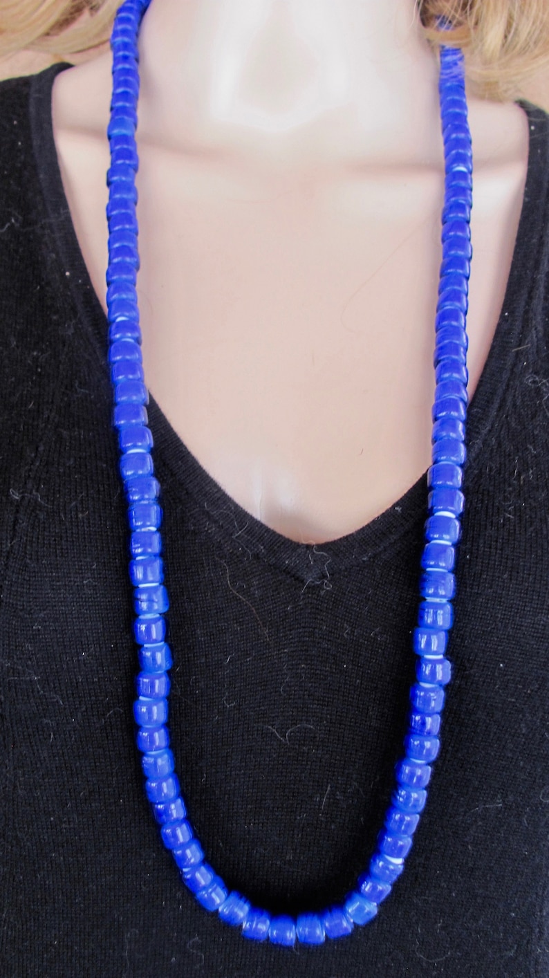 Persian Blue Painted Long Glass Beads Necklace with Jean fabric and brown suede