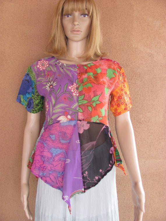 Patchwork Blouse: Multicolor Asymmetrical Hem, Si… - image 3