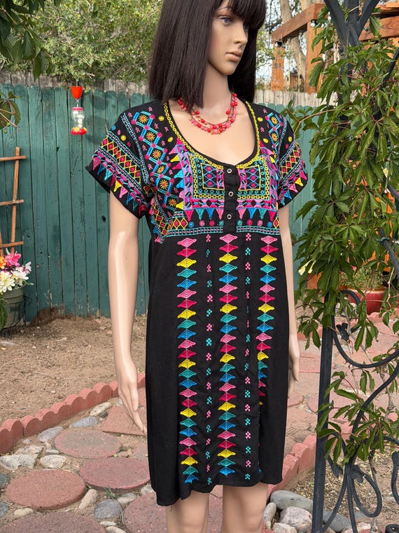 Vintage Amit Collection Embroidered Black Viscose Midi Dress Mexican Style Boho India Peasant View 2