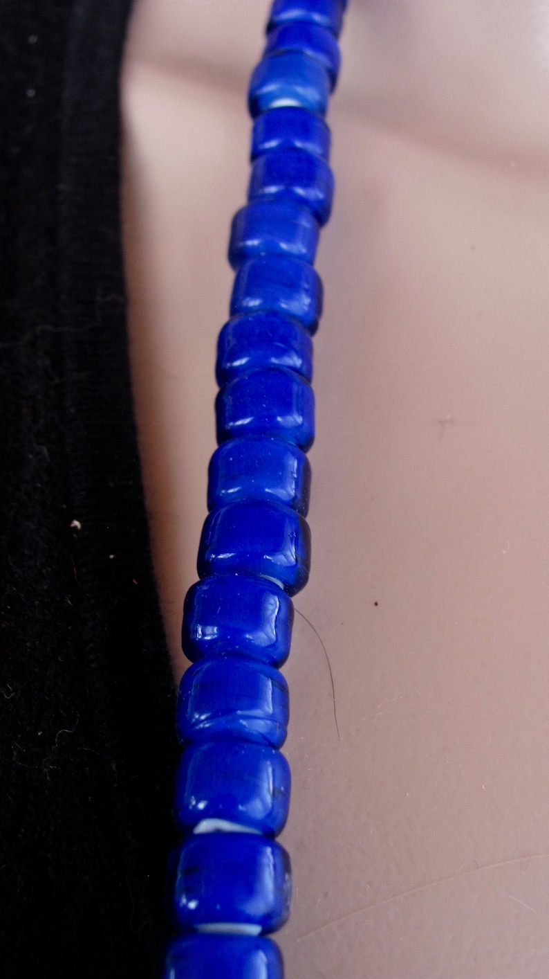 Persian Blue Painted Long Glass Beads Necklace with Jean fabric and brown suede
