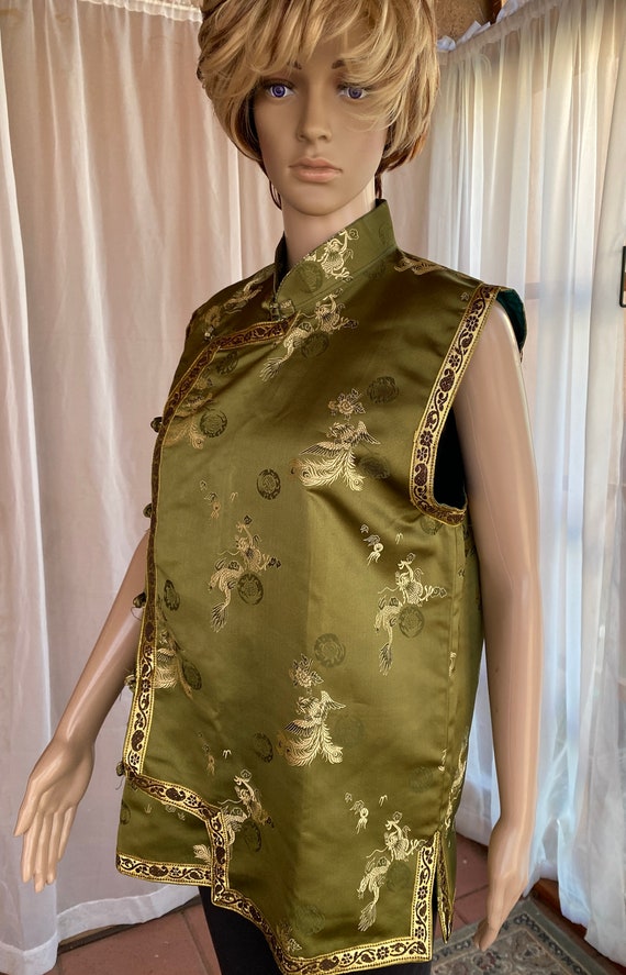 Chinese vest, olive green with gold dragon design… - image 2