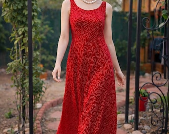Vintage 90s -  Silk ankle lenght Polka Dots dress. Red Sleeveless. Sexy and flowing.  (M/LG)