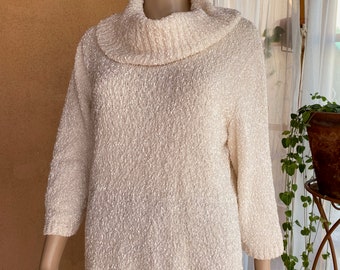 JM Collection - Very pale pink cowl neck long sleeves ribboned pullover sweater, 3/4 sleeves,size XL