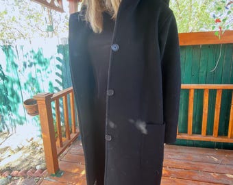 Black Wool Maxi Coat, Hoodie. Saks 5th Ave. Vintage 80's Black Wool Maxi Coat, Hoodie. Saks 5th Ave. Vintage 80's