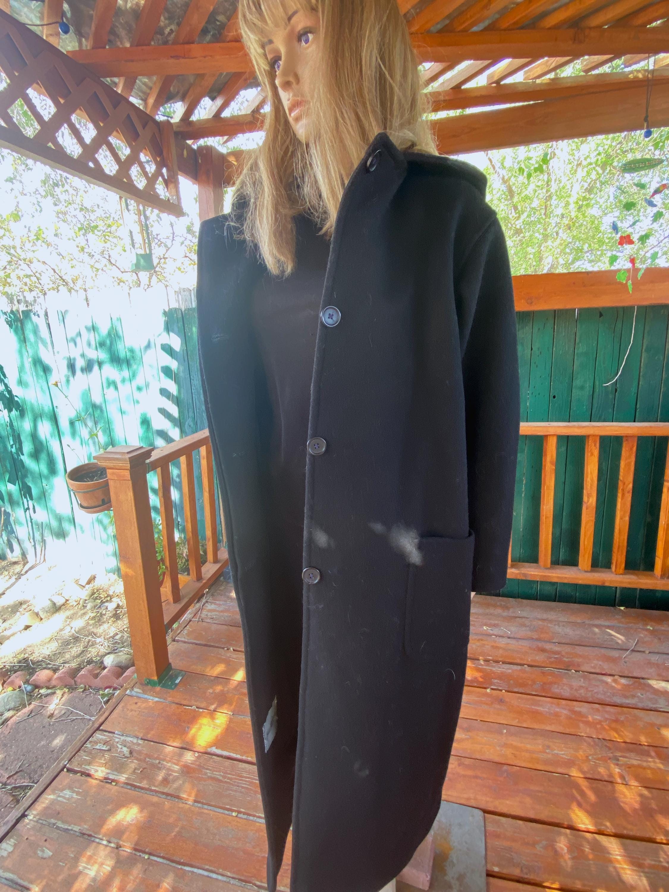 Black Wool Maxi Coat, Hoodie. Saks 5th Ave. Vintage 80's