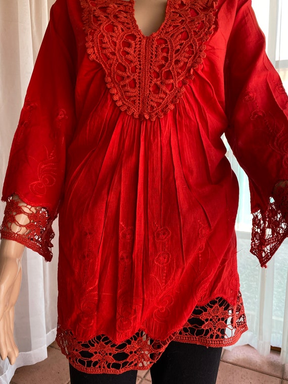 Vintage 90's - Bright red cotton tunic, embroider… - image 6
