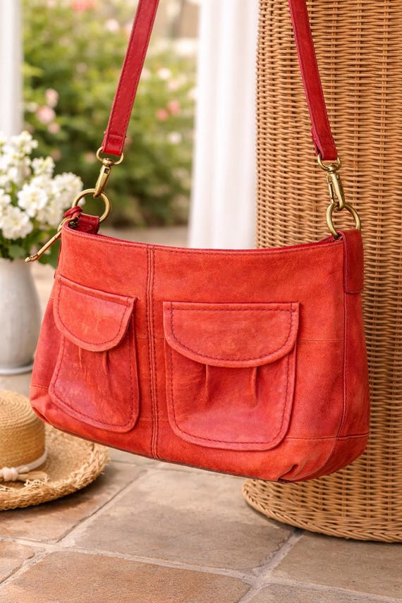 FOSSIL Hand Bag/cross Body. Red Leather, Removable Strap  display picture 3