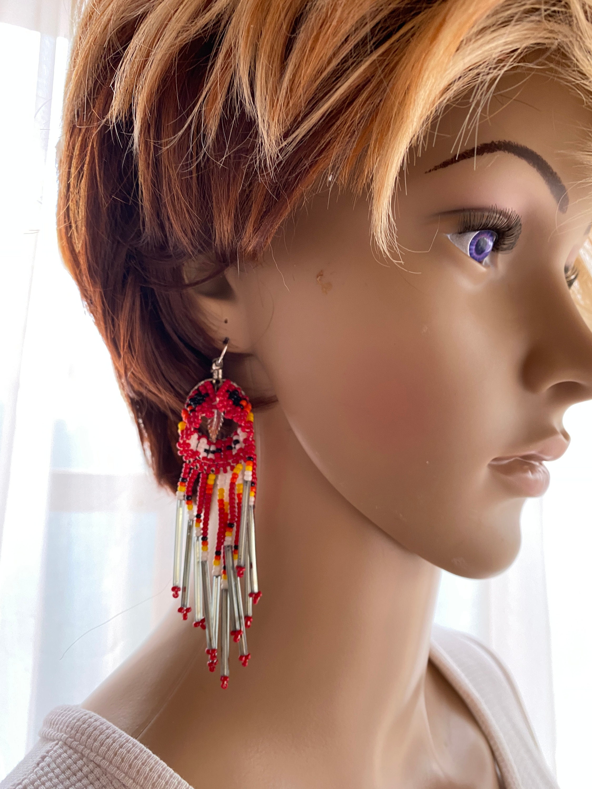 Handcrafted Native Style Beaded Hook Earrings - Grey & Black Glass - 3 Inch Length - BEADS CORNER