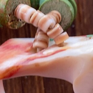 May include: Close-up of a handcrafted necklace featuring natural shell and green wooden beads. The shell beads are a light tan color, and the wooden beads are a muted green. The necklace is displayed against a blurred wooden background.
